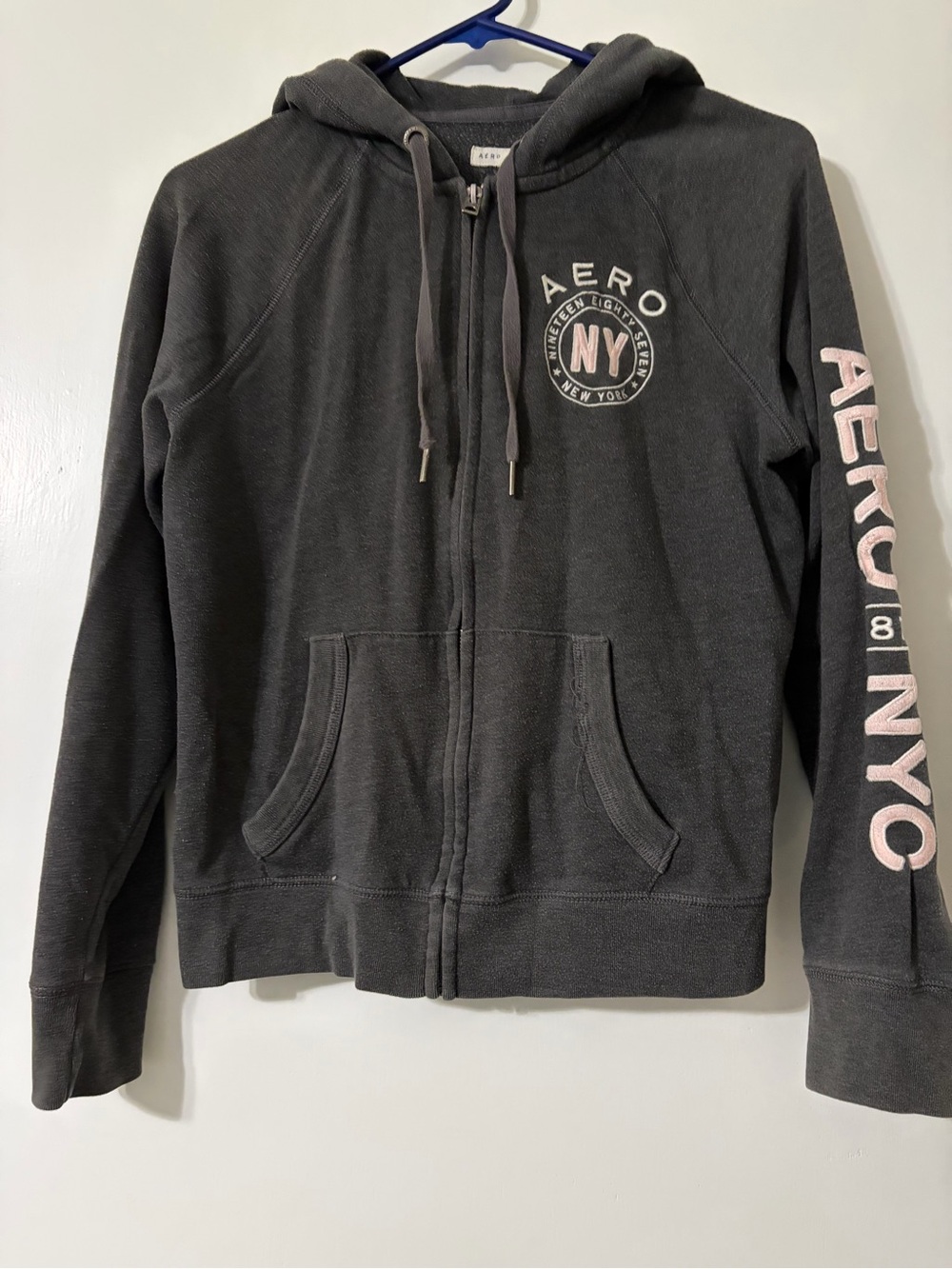 Aeropostale Charcoal Zip Hoodie with Pink AERO NY Details